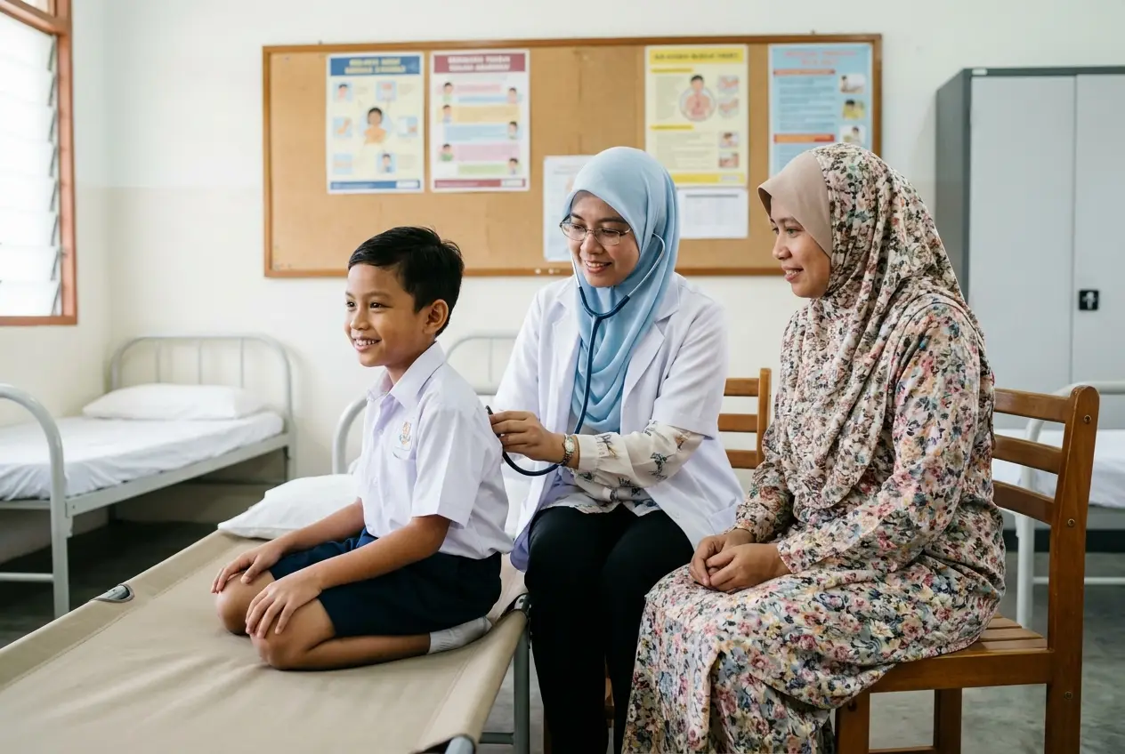 A doctor in a hijab checking a smiling schoolboy with a stethoscope in a school sick bay, his mother beside them