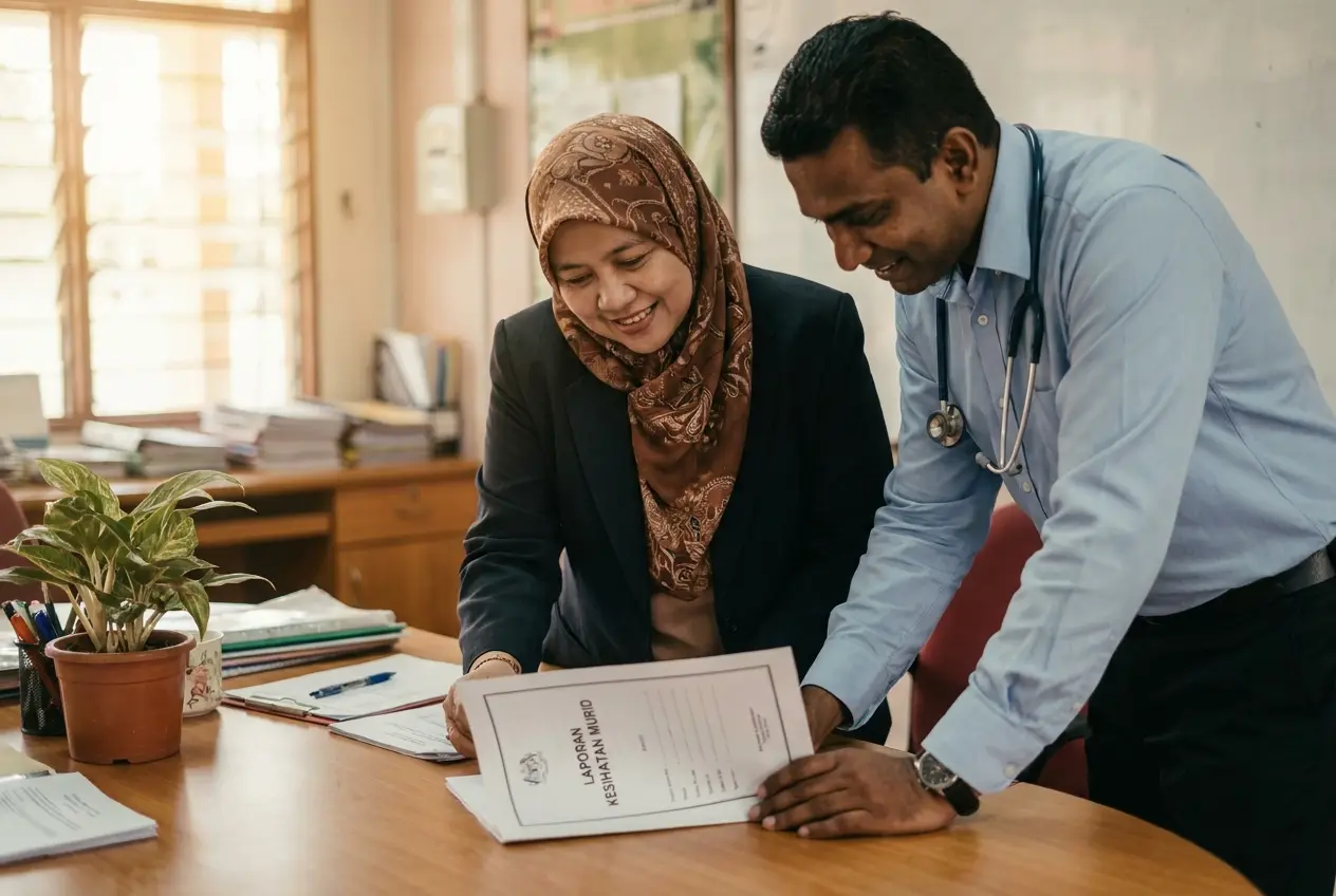 A school principal and a doctor reviewing a student health report together