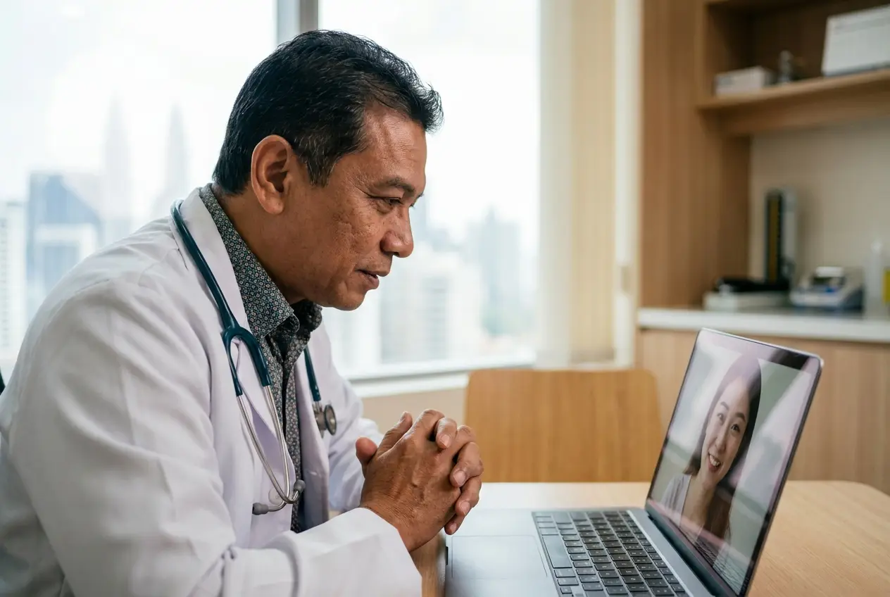 A doctor in a video consultation with a patient on his laptop